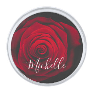Custom monogram red rose vintage photograph silver finish lapel pin
