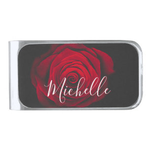 Custom monogram red rose vintage photograph silver finish money clip