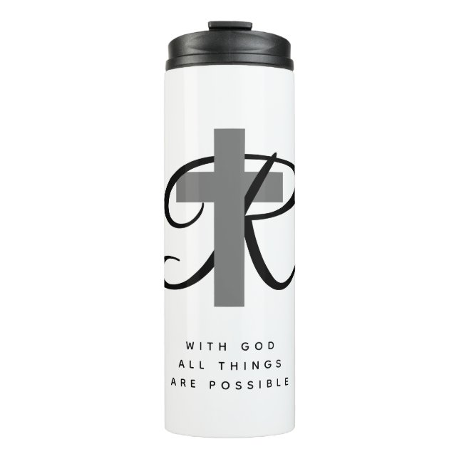 Custom monogram religious cross thermal travel mug (Front)