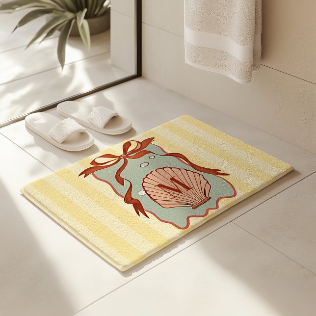 Custom Monogram Retro Coastal Seashell  Bath Mat (Creator Uploaded)