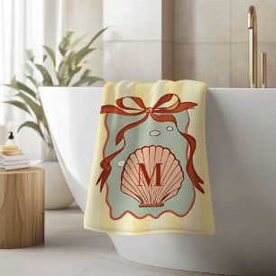 Custom Monogram Retro Coastal Seashell Bath Towel