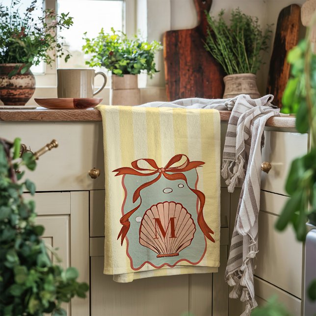Custom Monogram Retro Coastal Seashell  Kitchen Towel (Creator Uploaded)