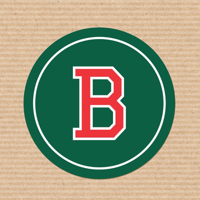 Custom Monogram Retro Typography Green Red Classic Round Sticker (Creator Uploaded)