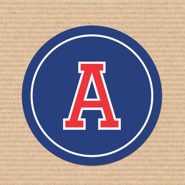 Custom Monogram Retro Typography Navy Blue Red Classic Round Sticker (Creator Uploaded)