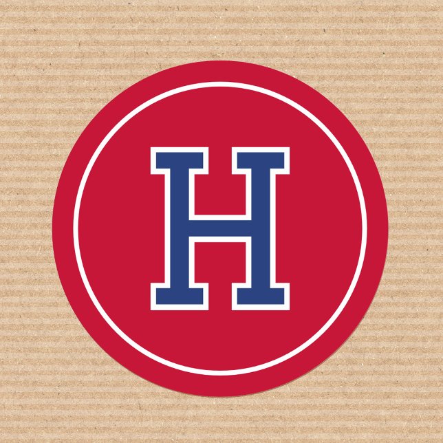 Custom Monogram Retro Typography Navy Red Classic Round Sticker (Creator Uploaded)