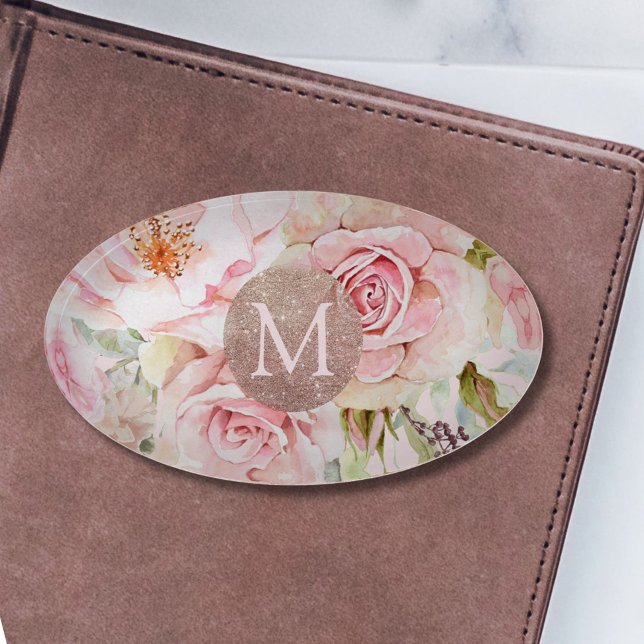 Custom Monogram Rose Gold Pink Watercolor Floral  Paperweight (In situ)