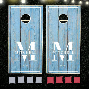 Custom Monogram Rustic Family Name Blue Driftwood Cornhole Set