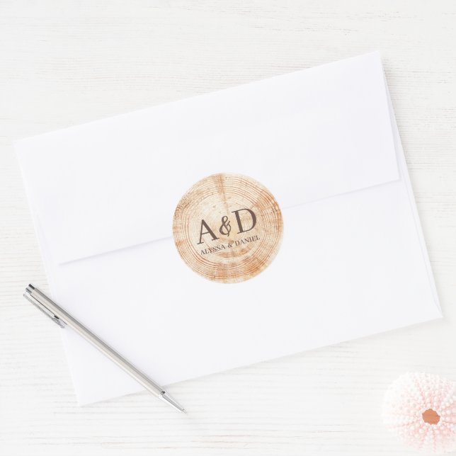 Custom Monogram Rustic Wedding Wood Slice Classic Round Sticker (Envelope)