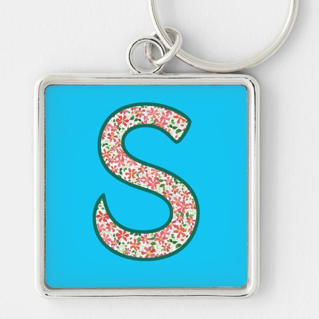 Custom Monogram S Keychain, Ditsy Floral Pattern Keychain (Front)
