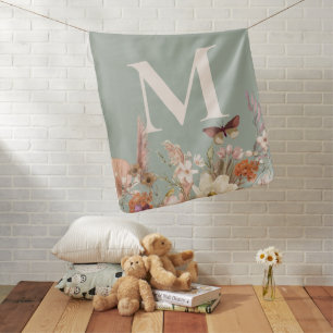 Custom Monogram Sage Green Boho Wildflower Baby Blanket