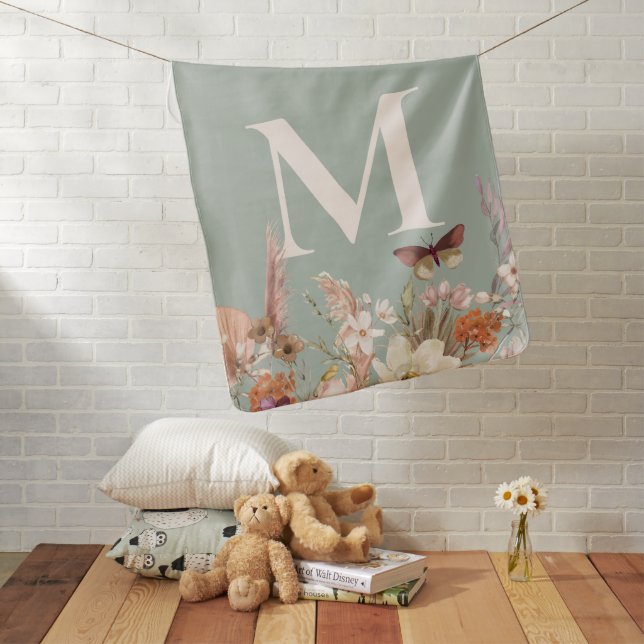 Custom Monogram Sage Green Boho Wildflower Baby Blanket (In Situ)