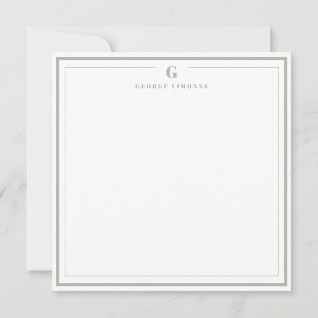 Custom Monogram Sage Green Border Stationery Note Card (Front)
