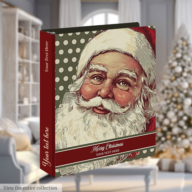 Custom Monogram Santa Claus Card Keeper 3 Ring Binder (Antique Santa Claus Holiday Recipe Binder)