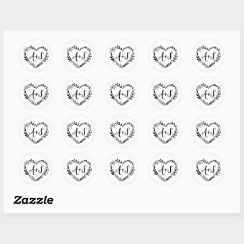 Custom Monogram Save The Date Logo Heart Wreath Classic Round Sticker by splendidsummer at Zazzle