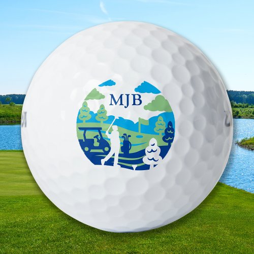 Custom Monogram Scenic Course Retro Modern Golfer Golf Balls