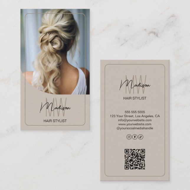 Custom Monogram Script Hair Stylist Salon Photo QR Business Card (Front/Back)