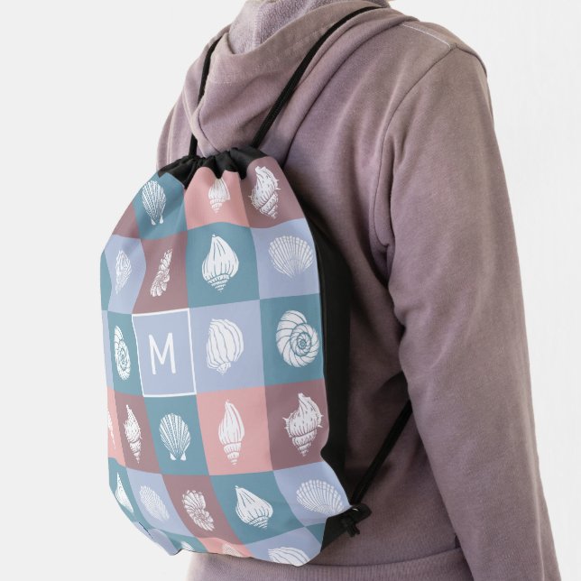 Custom Monogram Seashells Pattern Drawstring Bag (Insitu)