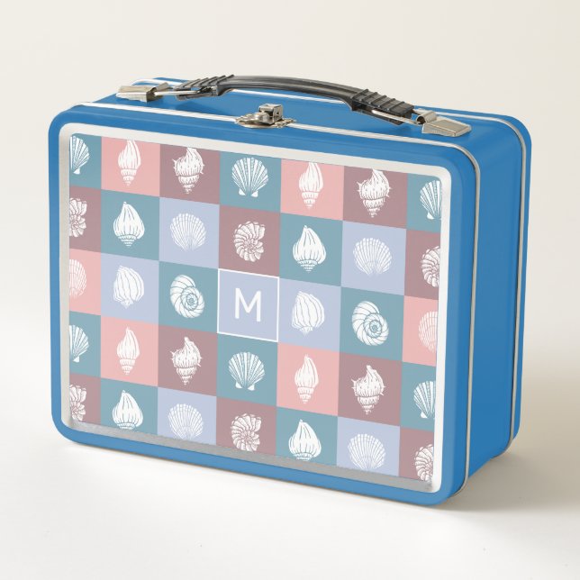 Custom Monogram Seashells Pattern Metal Lunch Box (Front)