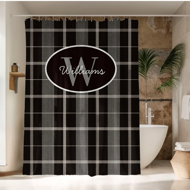 Custom Monogram Shower Curtain Plaid Gray Black  (Creator Uploaded)