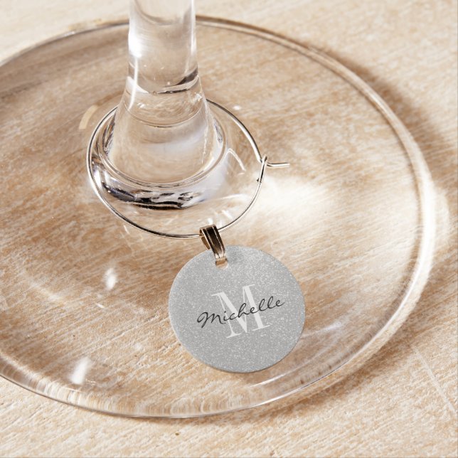 Custom monogram silver glitter wine glass charms (In Situ)