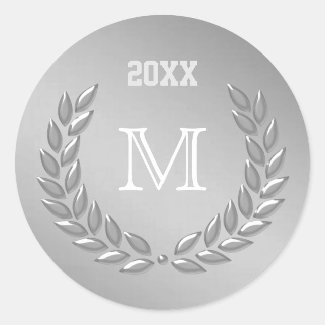  Custom Monogram  Silver Gray Laurel Wreath Classic Round Sticker (Front)