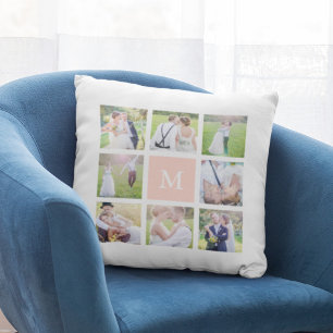 Custom Monogram Simple White Square Photo Collage Throw Pillow