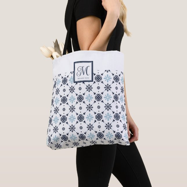 Custom Monogram Snowflake  Tote Bag (Close Up)