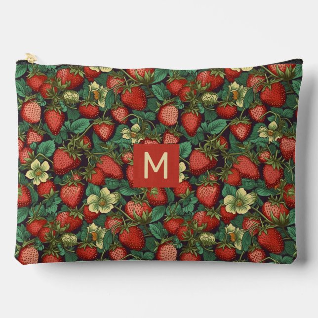 Custom Monogram Strawberries Pattern Accessory Pouch (Front)