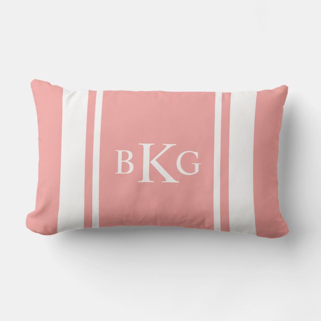 Custom Monogram & Stripe Pattern | Light Coral Lumbar Pillow (Front)