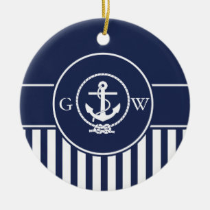 Custom Monogram Striped Nautical Anchor and Line Ceramic Ornament
