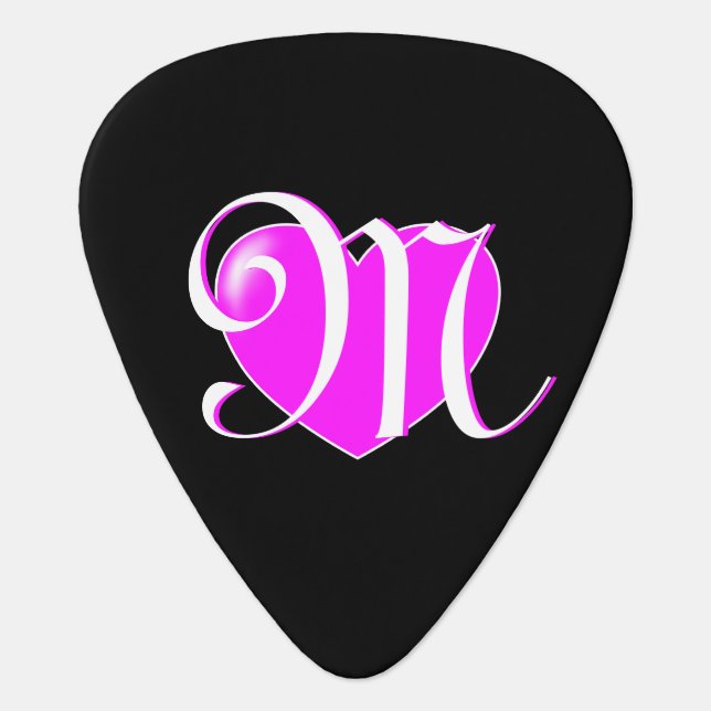 Custom Monogram, Stylish Calligraphy, Pink Heart Guitar Pick (Front)
