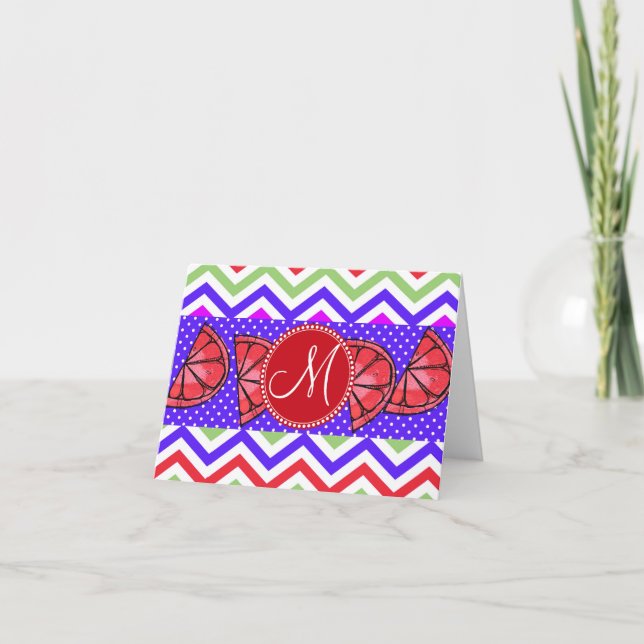 Custom Monogram Summer Chevron Grapefruit Gifts Note Card (Front)