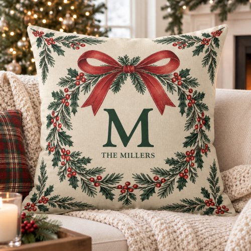 Custom Monogram Surname Holly Wreath Red Bow Throw Pillow