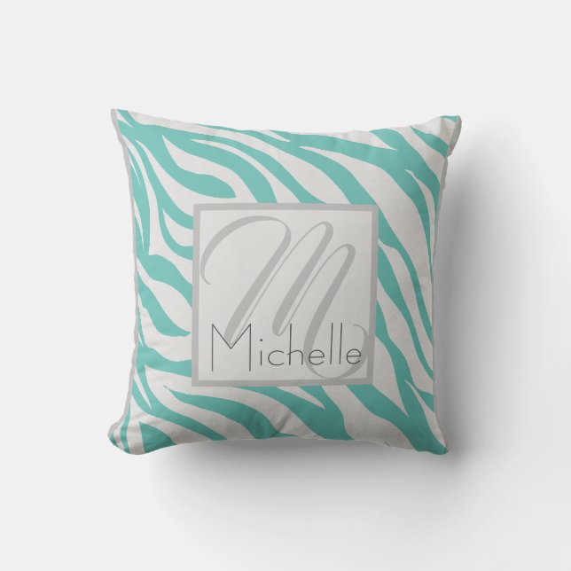 Custom Monogram Teal Aqua Blue Zebra Stripes Throw Pillow (Front)