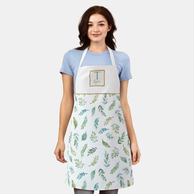 Custom Monogram, Teal, Green and Gold Leaf Pattern Apron (Worn)