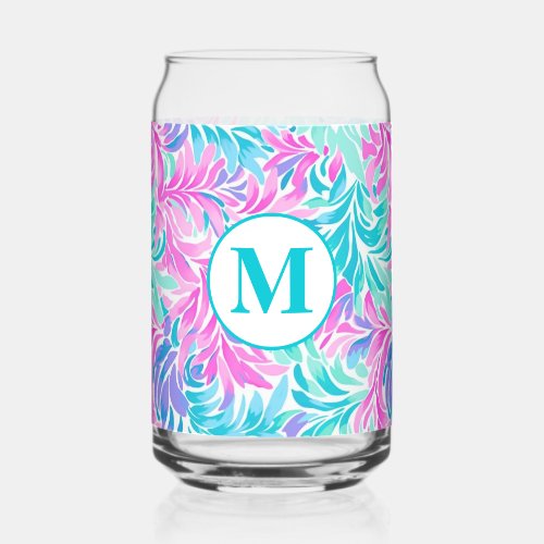 Custom Monogram Teal Pink Floral Can Glass