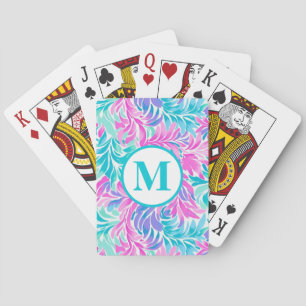 Custom Monogram Teal Pink Floral Poker Cards