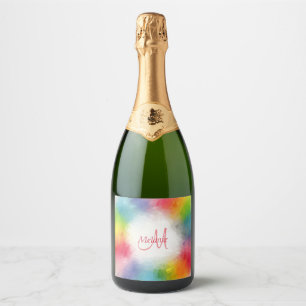 Custom Monogram Template Yellow Orange Blue Green Sparkling Wine Label