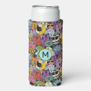 Custom Monogram & Text Funny Cats Illustration Seltzer Can Cooler