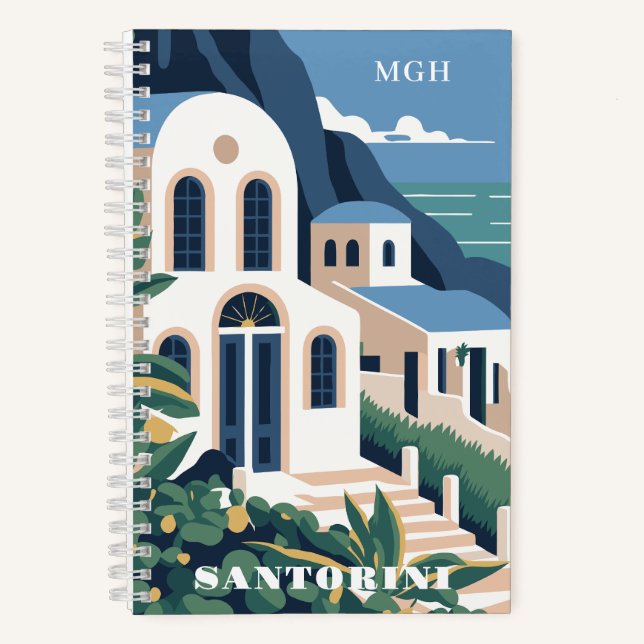 Custom Monogram & Text Santorini Greece Notebook (Front)