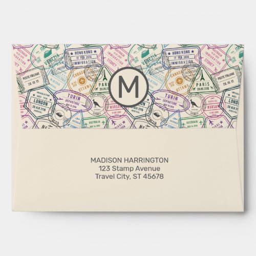 Custom Monogram  Text Travel Stamps Pattern Envelope