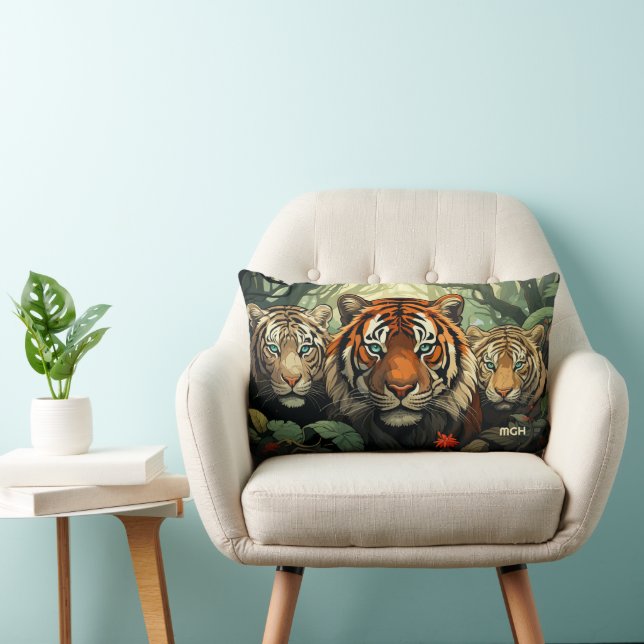 Custom Monogram Tigers Illustration Lumbar Pillow (Chair)