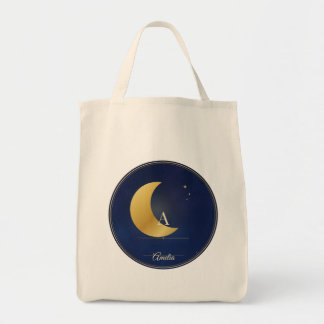 Custom Monogram Tote Bag, Navy Gold Crescent Moon Bag