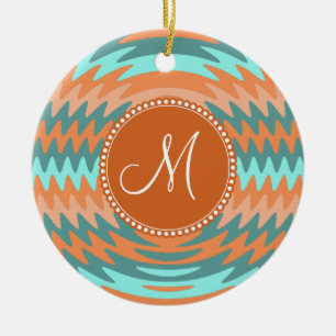 Custom Monogram Tribal Coral Aqua Ripples Waves Ceramic Ornament