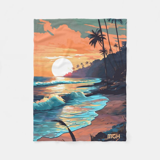 Custom Monogram Tropical Beach Sunset Fleece Blanket (Front)