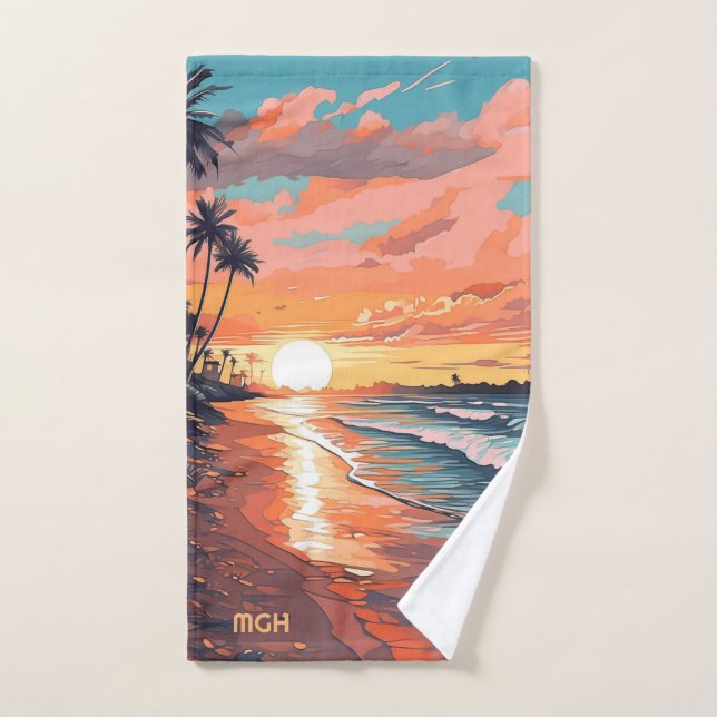 Custom Monogram Tropical Beach Sunset Hand Towel (Hand Towel)