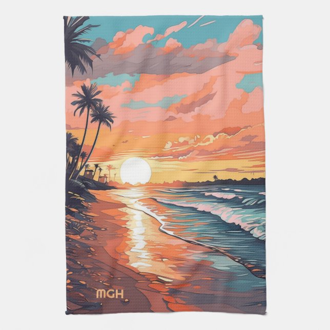 Custom Monogram Tropical Beach Sunset Kitchen Towel (Vertical)