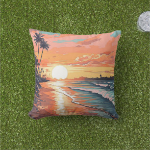 Custom Monogram Tropical Beach Sunset Outdoor Pillow