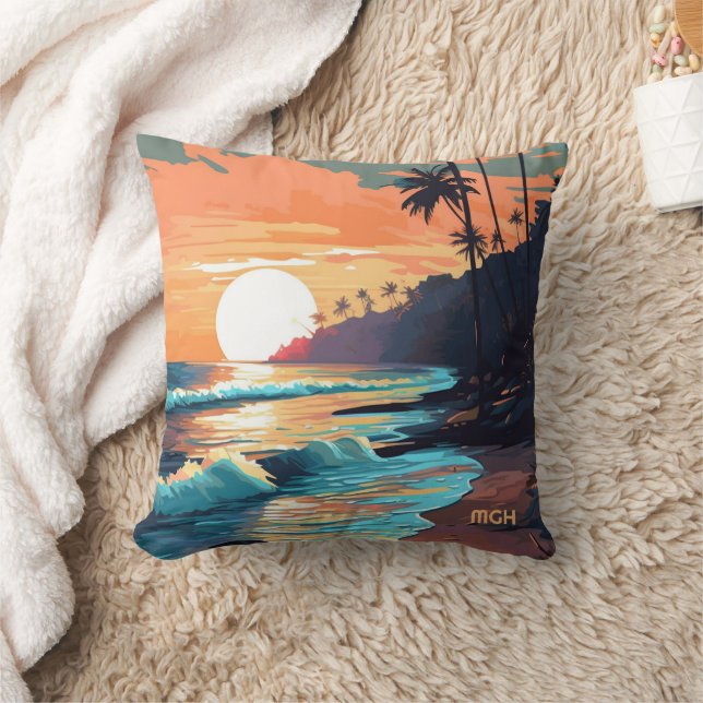 Custom Monogram Tropical Beach Sunset Throw Pillow (Blanket)