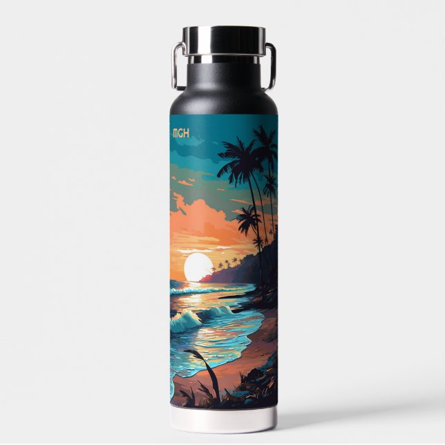 Custom Monogram Tropical Beach Sunset Water Bottle (Front)
